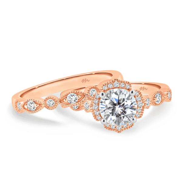 Daphne A Rose Gold Moissanite Round Marquise Milgrain Wedding Band Daphne Round 6.0 Floral Halo Ring