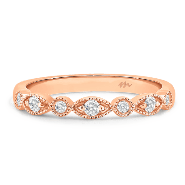 Daphne A Rose Gold Moissanite Round Marquise Milgrain Wedding Ring