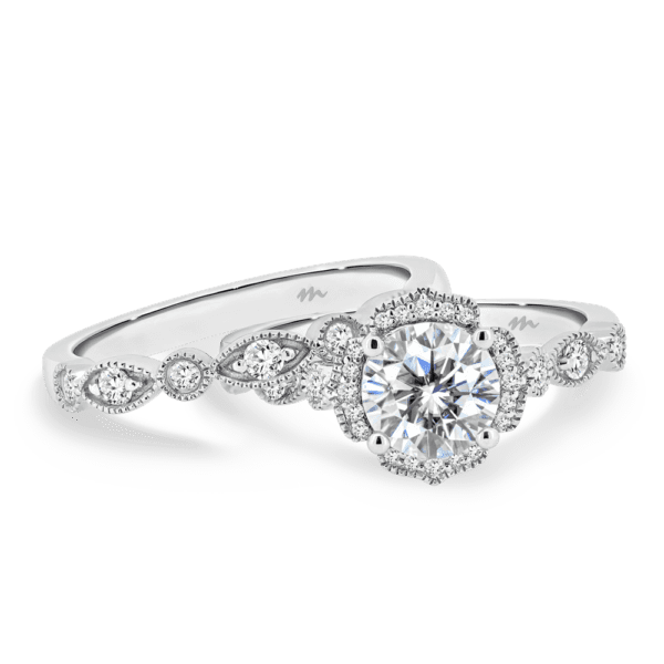 Daphne A White Gold Moissanite Round Marquise Milgrain Wedding Band Daphne Round 6.0 Floral Halo Ring