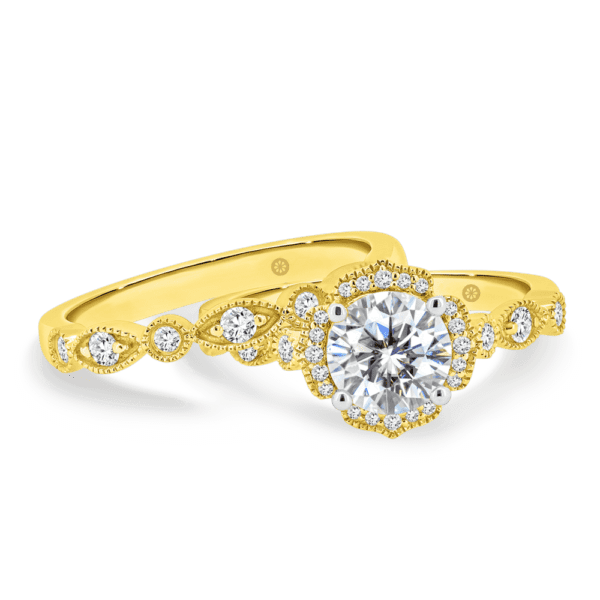 Daphne A Yellow Gold Lab Grown Diamond Round Marquise Milgrain Wedding Band Daphne Round 6.0 Floral Halo Ring