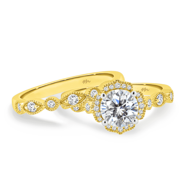 Daphne A Yellow Gold Moissanite Round Marquise Milgrain Wedding Band Daphne Round 6.0 Floral Halo Ring