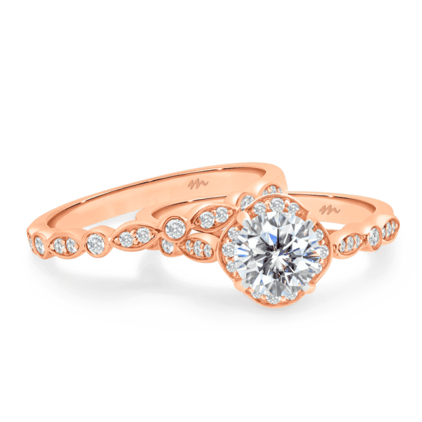 Fairlight A Rose Gold Moissanite Bezel Round Marquise Pave Set Wedding Band Fairlight Cushion Floral Halo Ring