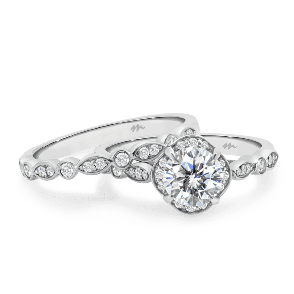 Fairlight A White Gold Moissanite Bezel Round Marquise Pave Set Wedding Band Fairlight Cushion Floral Halo Ring