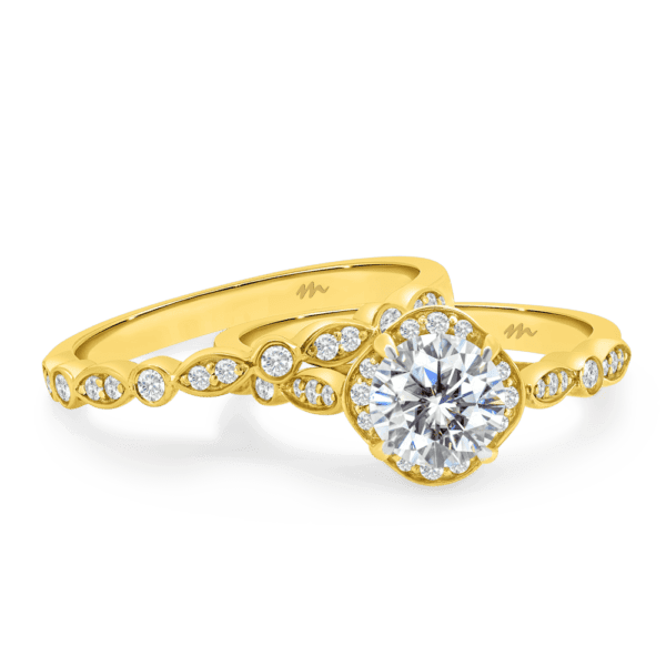 Fairlight A Yellow Gold Moissanite Bezel Round Marquise Pave Set Wedding Band Fairlight Cushion Floral Halo Ring
