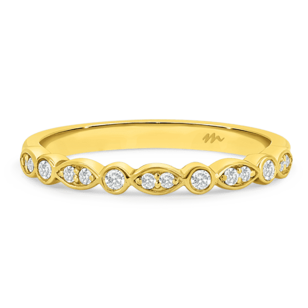 Fairlight A Yellow Gold Moissanite Bezel Set Round Marquise Pave Set Wedding Ring