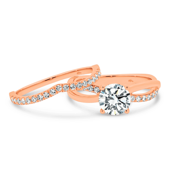 Freya A Front Rose Gold Moissanite Prong Set V Shaped Wedding Band Freya Round 6.5 Crossover Infinity Ring