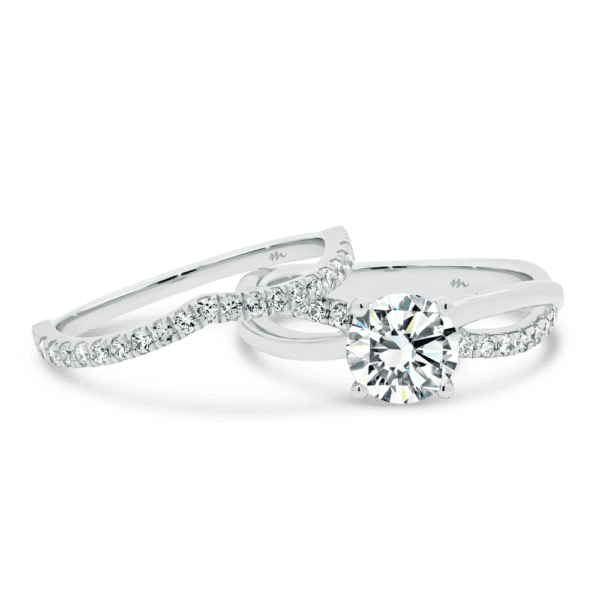 Freya A Front White Gold Moissanite Prong Set V Shaped Wedding Band Freya Round 6.5 Crossover Infinity Ring