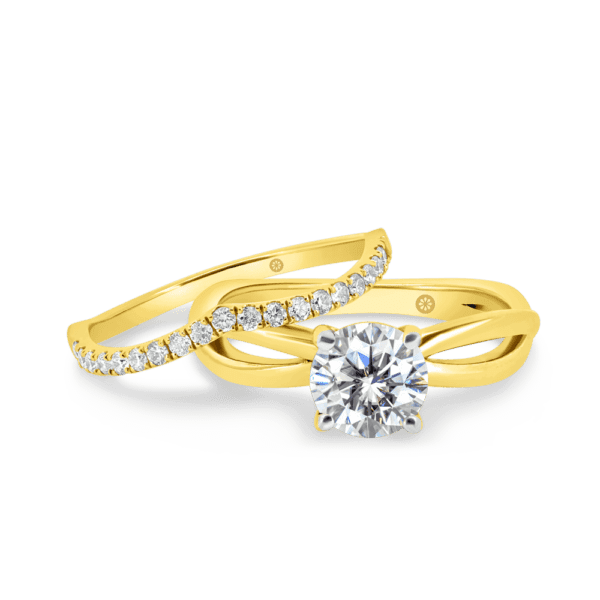 Freya A Yellow Gold Lab Grown Diamond V Shaped Prong Set Wedding Band Felicity Infinity Crossover Solitaire Ring