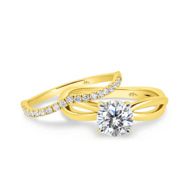 Freya A Yellow Gold Moissanite V Shaped Prong Set Wedding Band Felicity Infinity Crossover Solitaire Ring