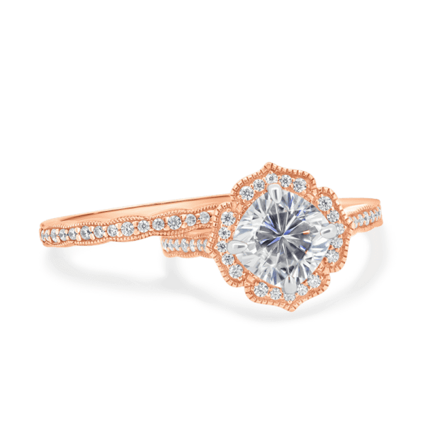Lavender A Rose Gold Moissanite Scalloped Pave Set Wedding Band Lavender Floral Halo Ring