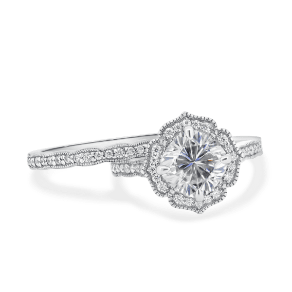 Lavender A White Gold Moissanite Scalloped Pave Set Wedding Band Lavender Floral Halo Ring