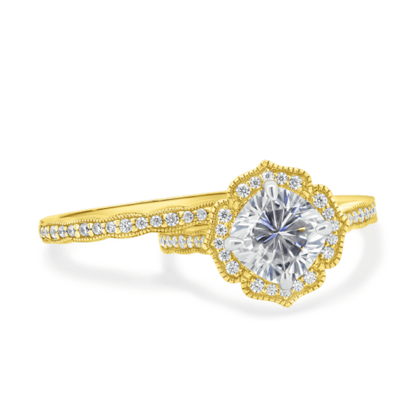 Lavender A Yellow Gold Moissanite Scalloped Pave Set Wedding Band Lavender Floral Halo Ring