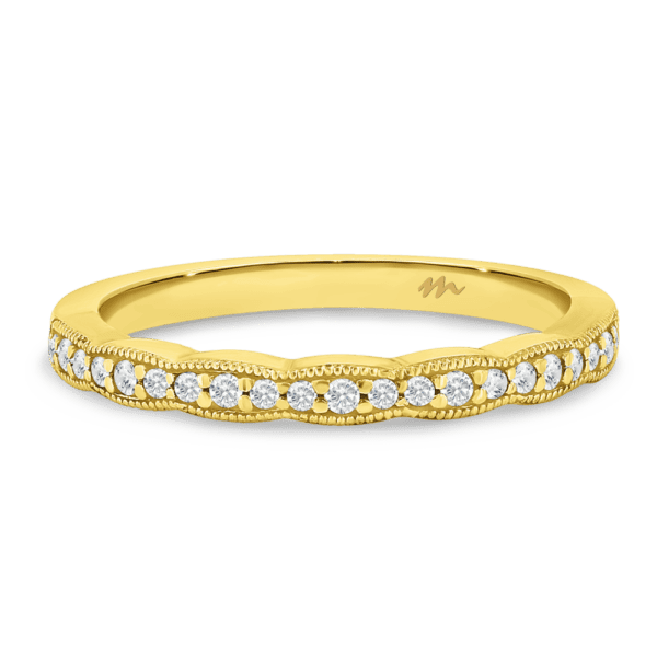 Lavender A Yellow Gold Moissanite Scalloped Pave Set Wedding Ring