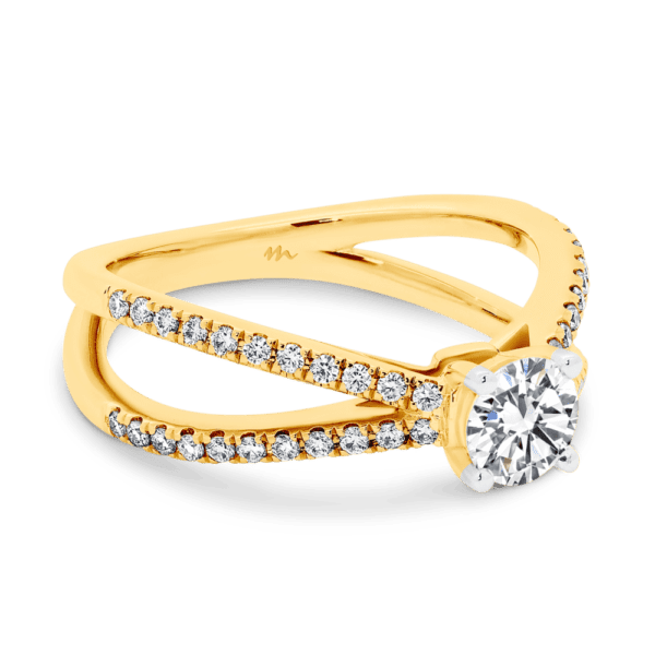 Livana 5.0 Angled Yellow Gold Moissanite Prong Set Split Crossover Band Ring