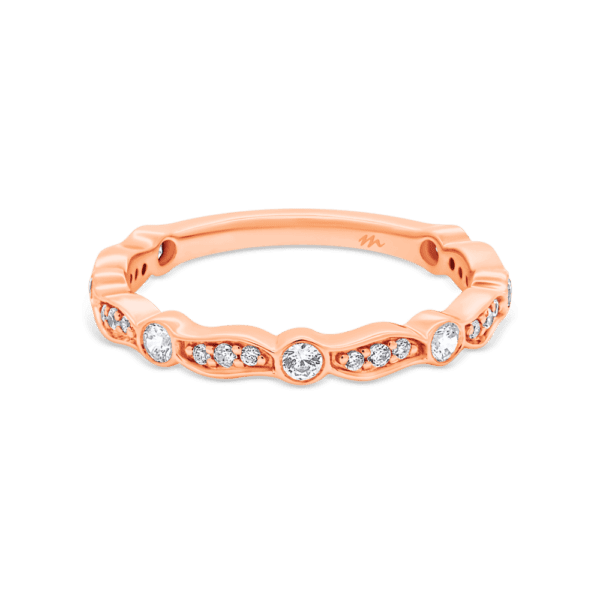 Marlow Rose Gold Moissanite Bezel Set Round Wave Shaped Pave Set Wedding Ring