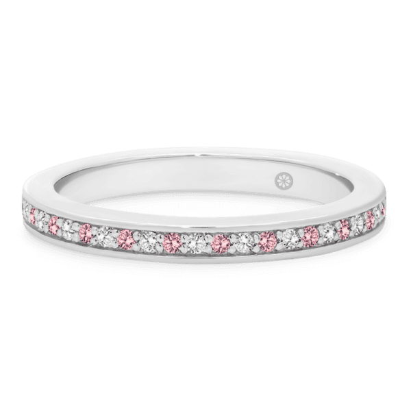 Model wears Millie 1 1 white gold pink Diamond pave set Angela 2 0 yellow gold U prong wedding rings