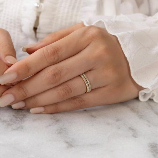 Model Wears Angela 1.5 2.0 Yellow Gold Lab Grown Diamond U Prong Half Set Wedding Ring
