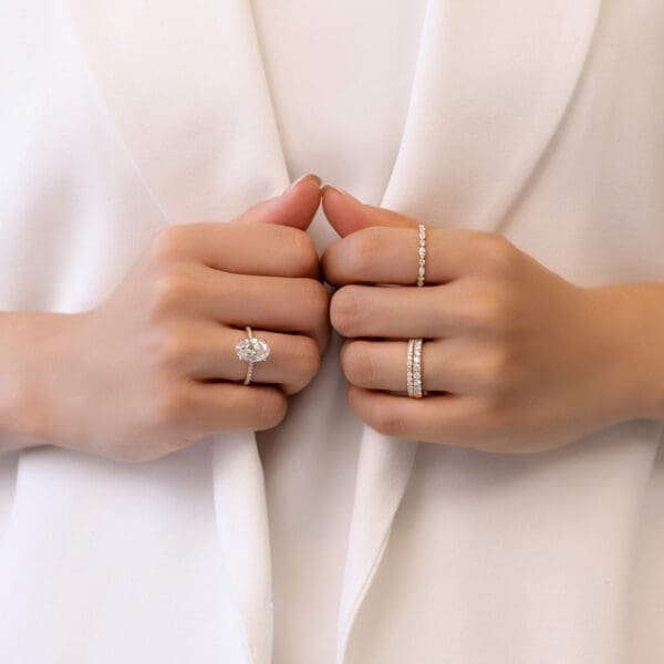 Model Wears Angela 1.7 2.5 Yellow Gold Diamond U Prong Evie Round Marquise Band Harmony Oval 3.10Ct Stone Set Gallery Ring