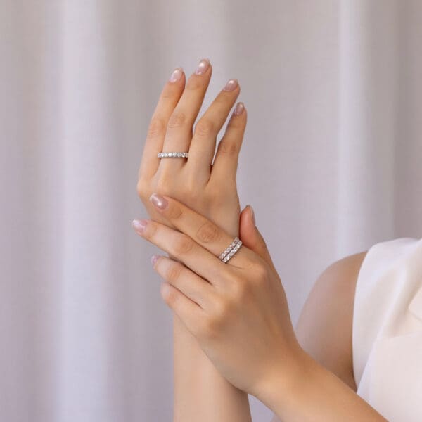 Model Wears Angela 2.0 3.0 Yellow White Gold U Prong Band Angela 2.5 Alternating Pink Diamond Half Set Wedding Ring