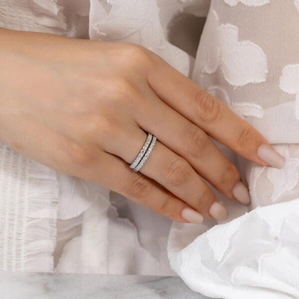 Model Wears Angela 2.0 White Gold Lab Grown Diamond U Prong Half Set Wedding Band Aspley A Straight Prong Set Ring