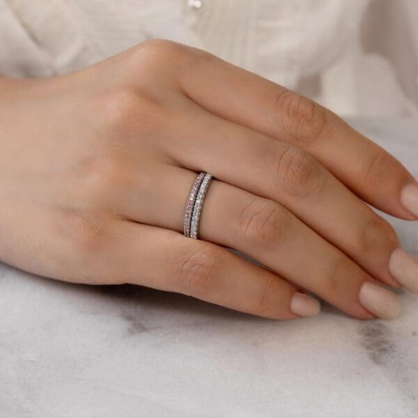 Model Wears Angela Pink 1.1 White Gold Lab Grown Diamond U Prong Half Set Wedding Band Payton A Straight Prong Set Ring