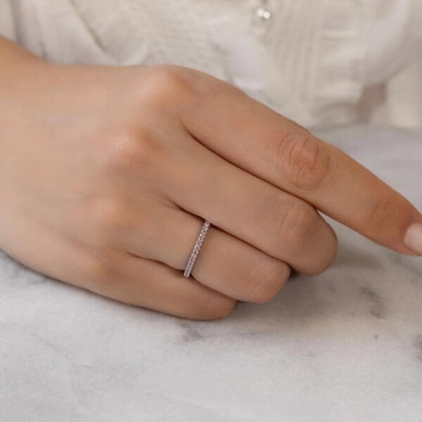 Model Wears Angela Pink 1.1 White Gold Lab Grown Diamond U Prong Half Set Wedding Ring