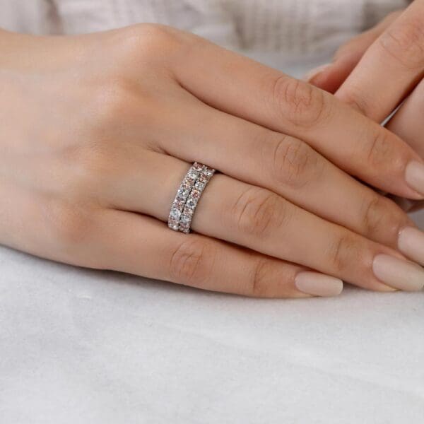 Model Wears Angelica 2.5 3.0 White Gold Alternating Pink Lab Grown Diamond U Prong Set Wedding Ring