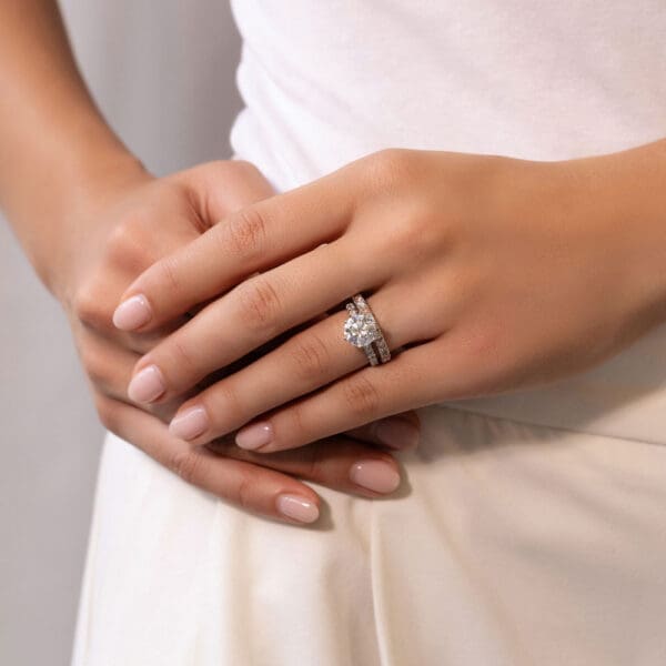 Model Wears Angelica 2.5 Alternating Pink White Gold Diamond U Prong Set Wedding Ring
