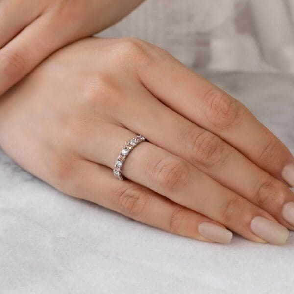 Model Wears Angelica 2.5 White Gold Alternating Pink Lab Grown Diamond U Prong Set Wedding Ring