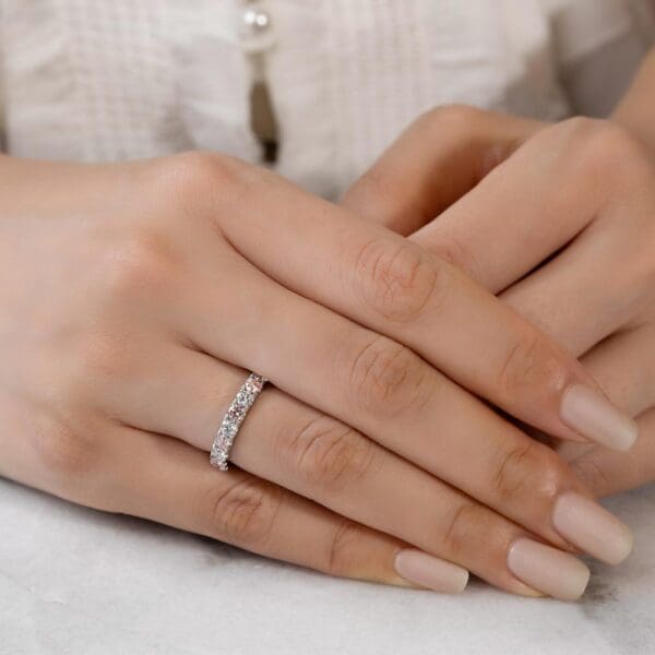 Model Wears Angelica 3.0 White Gold Alternating Pink Lab Grown Diamond U Prong Set Wedding Ring