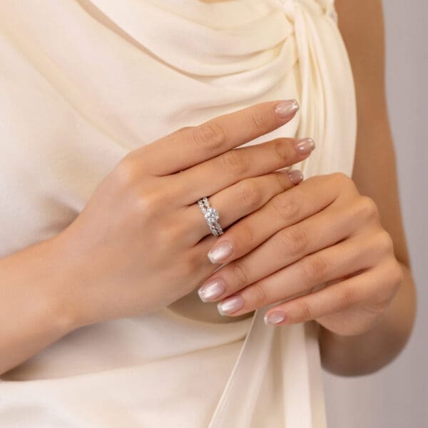 Model Wears Anneka Anneka A White Gold Diamond Round Marquise Shaped Vintage Milgrain Wedding Ring