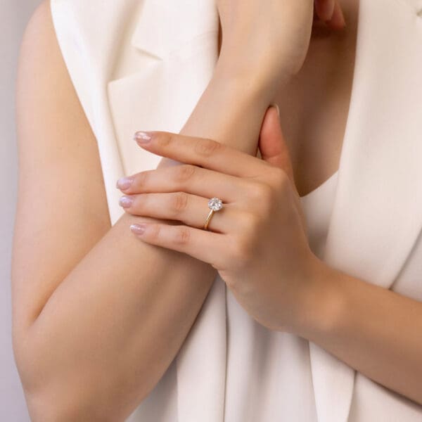 Model Wears Annerley 8.0 Yellow Gold Diamond 6 Prong Knife Edge Solitaire Ring