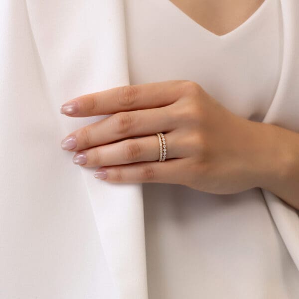 Model Wears Ava A Yellow Gold Diamond Prong Set Band Gracie 2.0 Scalloped Round Wedding Ring