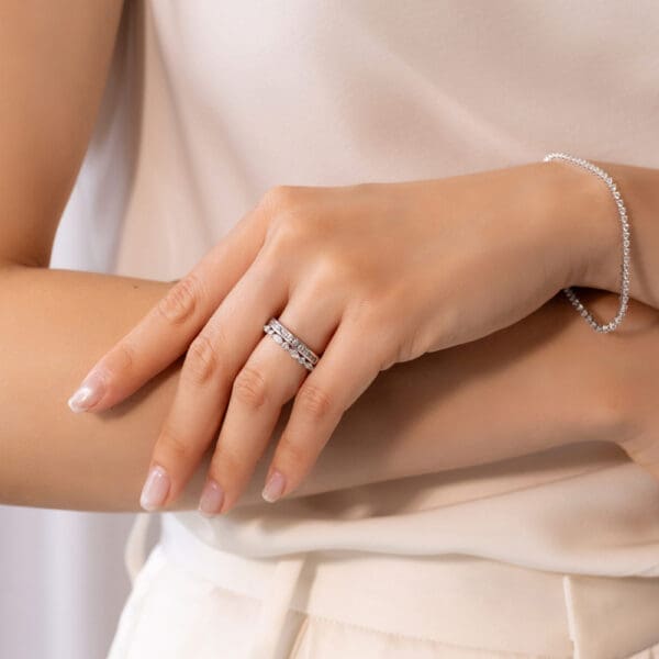 Model Wears Carmen 1.7 White Gold Diamond Channel Set Wedding Band Evie Alternating Marquise Round Shared Prong Ring