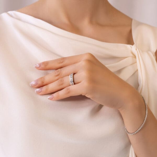 Model Wears Carmen 3.0 White Gold Moissanite Channel Set Wedding Band Angela 2.0 Yellow Gold Diamond U Rong Set Ring