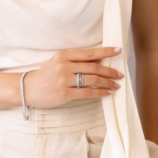 Model Wears Gigi White Gold Diamond Alternating Round Cluster Wedding Band Tamika Bezel Marquise Shaped Sadie Pave Set Ring