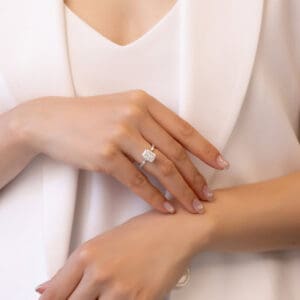 Model wears Josefa Radiant 4 carat lab grown diamond engagement ring