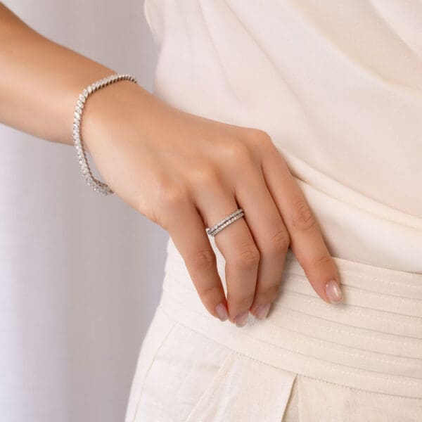 Model Wears Madison White Gold Diamond Bezel Set Round Scalloped Wedding Band Rosewood A Open Basket U Prong Ring