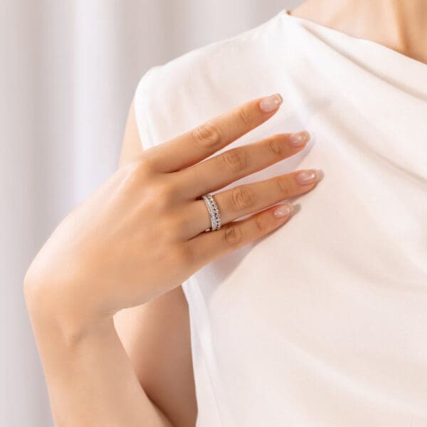 Model Wears Millie 1.7 White Gold Moissanite Pave Set Wedding Band Gracie Scalloped Round Shared Prong Ring