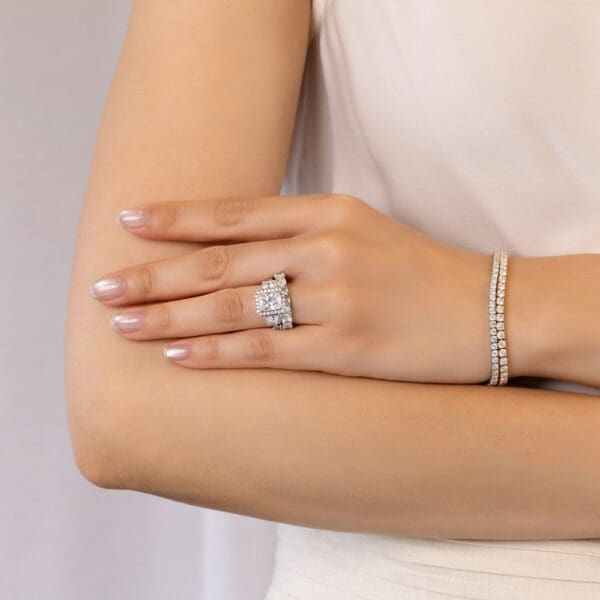 Model Wears Piper White Gold Diamond Prong Set Cushion Wedding Band Anatasia Moissanite Radiant Trapezoid Halo Ring