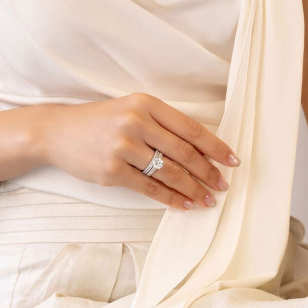 Model Wears Rea A White Gold Diamond Double Row Wedding Band Rea 8.0 Moissanite U Prong Set Ring