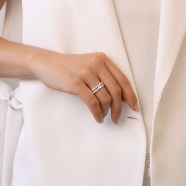 Model Wears White Gold Diamond Angela 3.0 U Prong Half Set Wedding Band Elle Marquise Round Cluster Ring