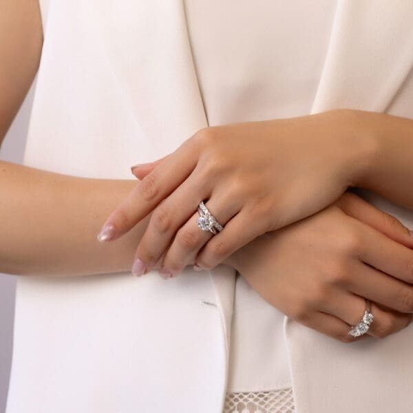 Model Wears White Gold Diamond Elle Round Marquise Band Monica Cushion 9.0 Solitaire Ring Ayesha 1.50Ct Trilogy Ring