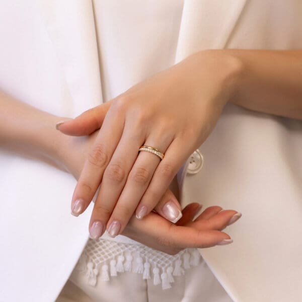 Model Wears Yellow Gold Diamond Audrey A Knife Edged Plain Band Angela 1.7 U Prong Half Set Wedding Ring
