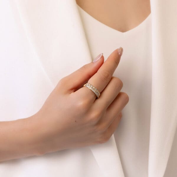 Model Wears Yellow Gold Diamond Carmen 2.0 Channel Set Wedding Band Gracie 2.5 Scalloped Round Shared Prong Ring