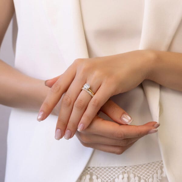Model Wears Yellow Gold Diamond Elle Marquise Round Cluster Wedding Band Annerley 8.0 6 Prong Knife Edge Solitaire Ring