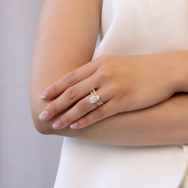 Model Wears Yellow Gold Diamond Evie Round Marquise Spacer 1.6 1.8 Plain Band Harmony Oval 3.10Ct Stone Set Gallery Ring