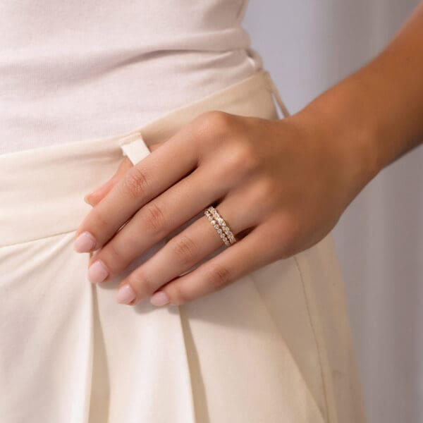 Model Wears Yellow Gold Diamond Gracie 2.0 Shared Prong Scalloped Band Elle Cluster Marquise Round Wedding Ring