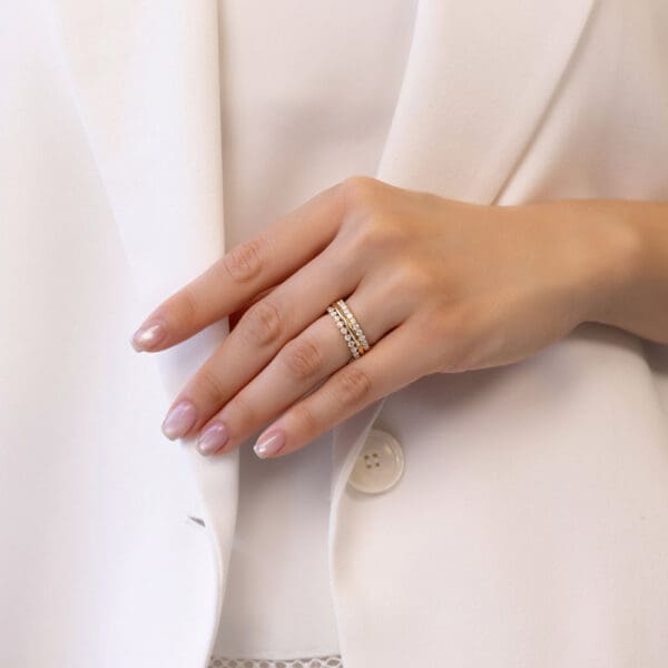 Model Wears Yellow Gold Diamond Spacer Plain Band Angela 2.0 U Prong Wedding Band Gracie 2.0 Scalloped Round Ring