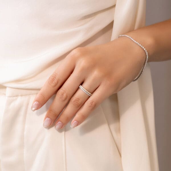 Model Wears Yellow White Gold Diamond Angela 2.0 Half Set Wedding Band Angelica 1.1 U Prong Ring
